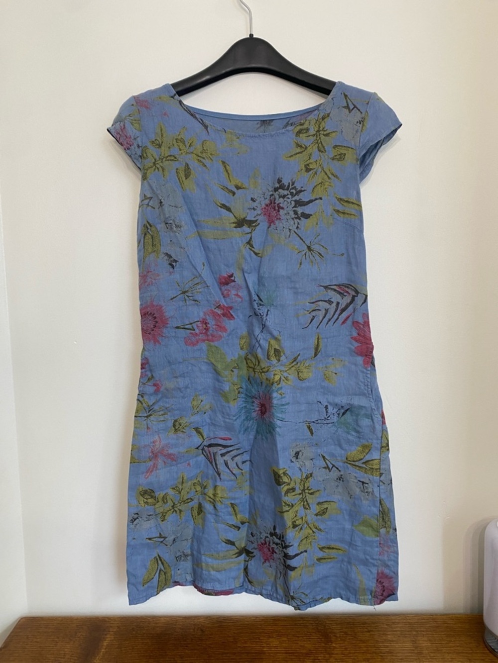Blue linen dress with flowers